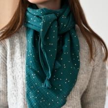 Pom pom scarf gaze pois or vert canard