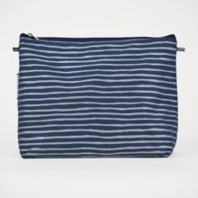 Cosmetic bag with flap striped silver dark blue