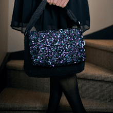 Square flap of saddle bag  purple black sequin